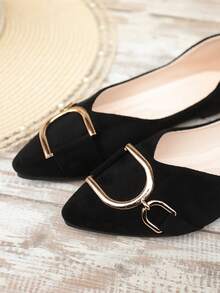 Women's Fashion Pointed Toe Slip-On Ballet Shoes, Large Size, Buckle Decor, Suitable For Spring And Autumn - Black Suede - View 7