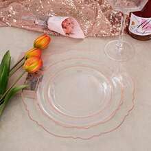 150PCS Clear Silver Plastic Plates & Disposable Silver Plastic Silverware With Glitter Bamboo Handle Cutlery-Baroque Clear Disposable Plates For Wedding & Easter Day & Mother's Day-TrugenixYSN1B - 玫瑰金 - 查看 4