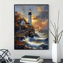 1 pieza Pintura de diamantes DIY - Paisaje, Faro, Cabaña, Decoración del hogar, Taladro completo, 11.8*15.7in/ 30*40cm - Multicolor - Ver 2