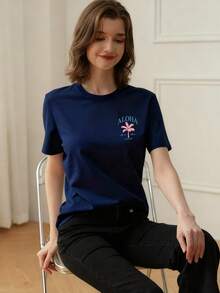 Summer Women's Basic Loose Fit Crew Neck T-Shirt Short Sleeve Casual All Match Daily Wear Top - Navy Blue - View 4