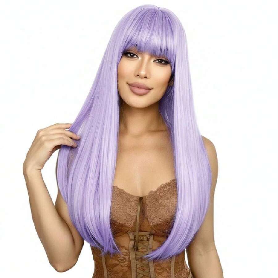PurPle Wigs With Bangs Long Straight Purple Wigs For Women Heat Resistant Synthetic Hair Cosplay Party Halloween Daily Use 22 Inch,38045217 - 紫色 - 查看 1