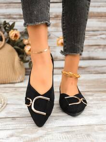 Women's Fashion Pointed Toe Slip-On Ballet Shoes, Large Size, Buckle Decor, Suitable For Spring And Autumn - Black Suede - View 11