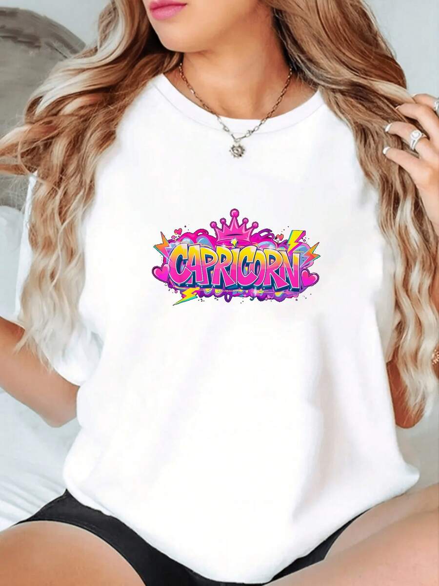 Capricorn-Graffiti-Airbrush-Style-Zodiac-Graphic-T-Shirt - 白色2 - 查看 1