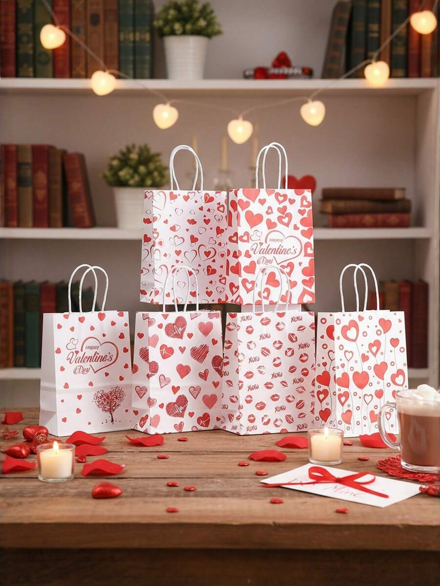 20/10/5/2 Piezas Bolsas de papel kraft con asas con diseño de corazón para el Día de San Valentín - Resistentes, con fondo reforzado, adecuadas para regalos del Día de San Valentín, bodas, aniversarios, Año Nuevo, cumpleaños, regalos con tema de amor, regalos sorpresa de aniversario - Multicolor - Ver 1