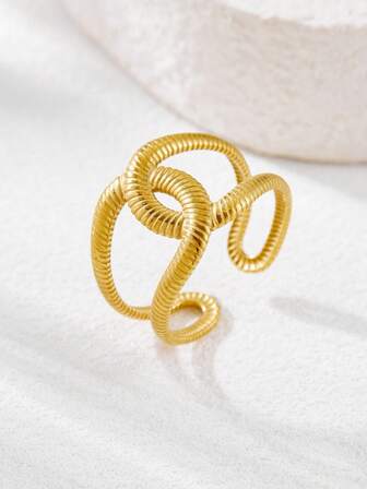 1pc Fashionable Stainless Steel Striped Interwoven Ring, Geometric Wrapped Open Design With Elevated Aesthetics, Suitable For Women's Daily Wear