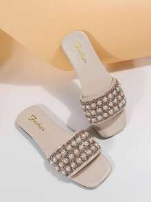 Sandalias planas con aplicaciones de rhinestones para mujer de talla grande, versátiles y casuales para uso en exteriores con suela antideslizante - Blanco - Ver 6