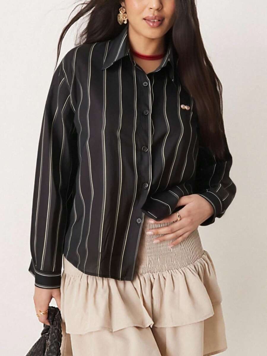 Women's Striped Print Casual & Work Embroidered Long Sleeve Shirt