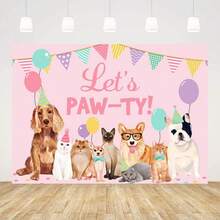 1pc Ticuenicoa Let's Paw-Ty Happy Birthday Themed Backdrops Puppy Dog Cat Doggy Pet Pink Girl Photography Background Birthday Banner For Puppy Bday Party Photo Booth Birthday Party Decorations - D - 查看 1