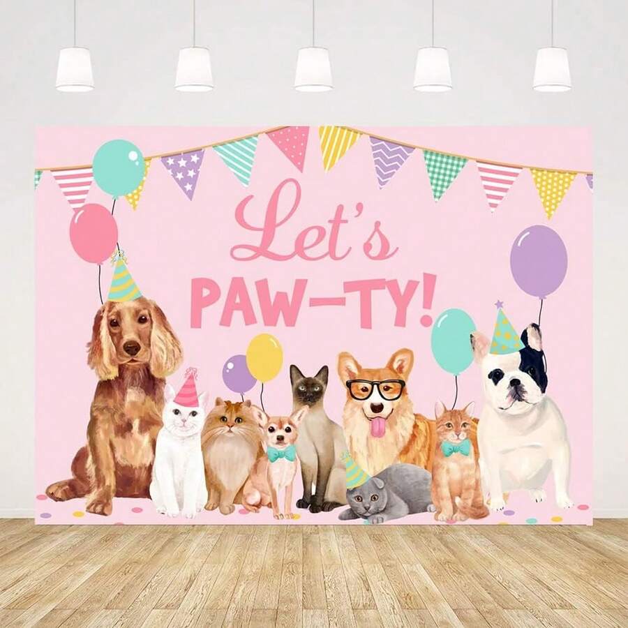 1pc Ticuenicoa Let's Paw-Ty Happy Birthday Themed Backdrops Puppy Dog Cat Doggy Pet Pink Girl Photography Background Birthday Banner For Puppy Bday Party Photo Booth Birthday Party Decorations - D - 查看 1