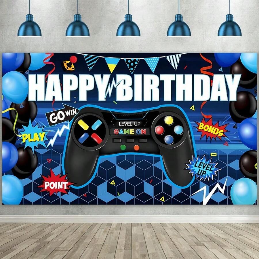 1pc Electronic Game Themed Happy Birthday Party Backdrop Banner, Suitable For Birthday Party, Cake Table, Photo Area, Game Themed Birthday Party Decorations And Gifts - Blue - View 1