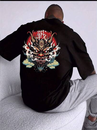 Camiseta Negra Estampada para Hombre - Camiseta de Calle Estilo Japonés, Diseño de Dragón Rojo y Azul, Tela Ligera y Transpirable, Camisa Casual de Ajuste Regular, Apta para Todas las Estaciones, Regalo para Hombres, Envío Nacional para Mujeres, Blusas de Manga Larga para Mujeres