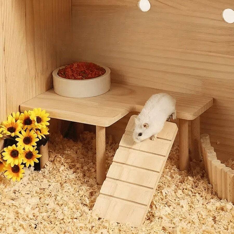 Un juego de patio de madera para hámsteres y cobayas con rampas - Patio de doble capa y refugio para mascotas, adecuado para hámsteres, hámsteres del desierto y pequeños roedores. Una plataforma de descanso para juguetes de ejercicio para chinchillas, fácil de montar y estable.