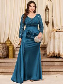 Plus Size Deep V-Neck Sequin Floral Lace Ruffle Waist Contrast Draped Side Ruffle Satin Mermaid Hem Evening Party Dress, Wedding Guest Dress, Elegant Formal Evening Gown, Suitable For Birthday, Graduation, Gala Spring - Dusty Blue - View 10