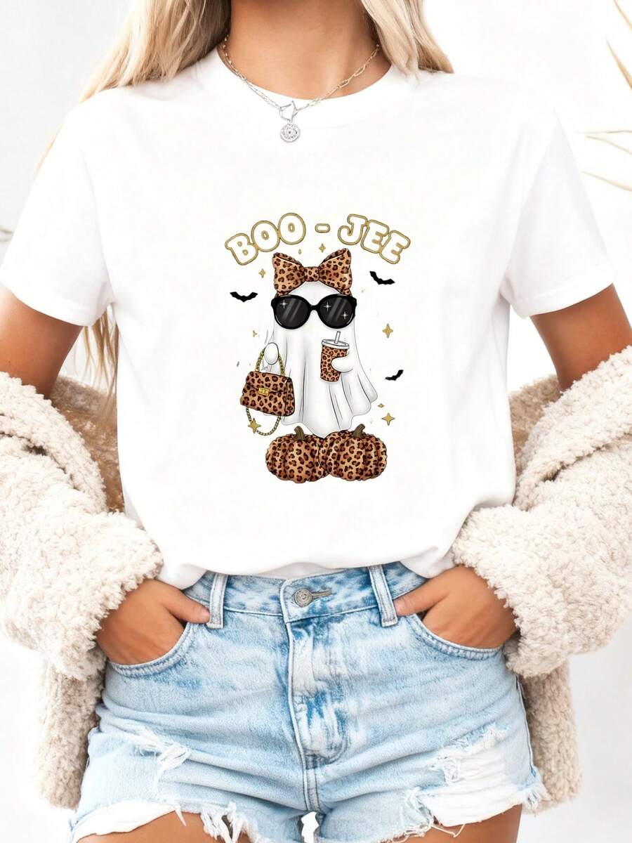 Coquette Leopard Ghost Coffee Boo Halloween Boujee Ghost T-Shirt - 白色5 - 查看 1
