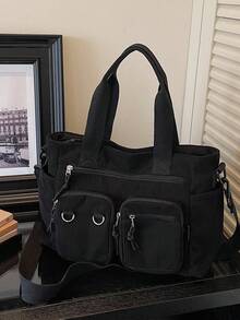 Large Capacity Corduroy Tote Bag, Minimalist Design, Solid Color, Autumn/Winter New Arrival - Black - View 6