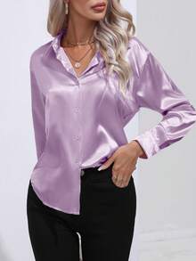 Silky Satin Feel Women's Shirt, Breathable Soft Blouse For A Luxury Comfort Experience - Màu tím  Violet - Xem 1
