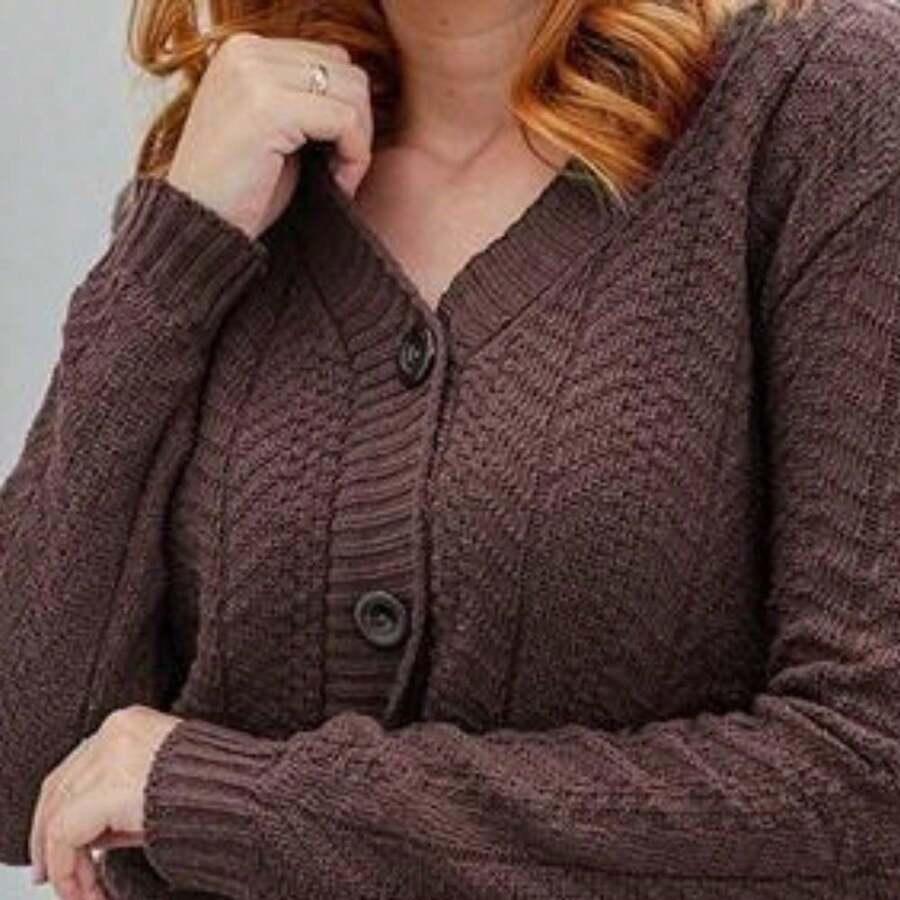 Basic Open-Front Knit Sweater/Coat With Buttons. - Rust Brown - View 1