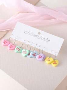 5 Pairs Vintage Valentine's Day Candy Color Heart "Hug Me Be Mine Sweet Heart" Earrings Set, Women Resin Macaron Color Simple Earrings, Valentine's Day Gift - 豐富多彩的 - 查看 5