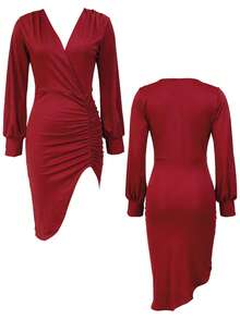 Vestido elegante de mujer con cuello plisado y volantes, vestido casual negro, manga farol con bajo dividido, adecuado para baile, fiesta, playa, cita, boda, reunión, vestido de primavera/verano para mujer, vestido elegante, de moda y sexy para mujer - Rojo - Ver 4