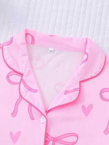 2pcs/Set Girls' Butterfly & Heart Print Pajama Set, Includes Cardigan Collar Short Sleeve Top And Elastic Waist Shorts, Casual And Comfortable Loungewear, Suitable For Daily Wear And Sleepwear, Machine Washable - Pink - View 3