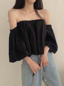 小众露肩喇叭袖短款女式上衣 黑色夏季 - 黑色 - 查看 3