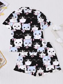 2pcs Cartoon Cat Print Tween Girl Pajama Set, Cute & Comfortable Children Sleepwear Outfit, Flame Retardant Collared Shirt & Elastic Waist Shorts, Suitable For Loungewear, Party, Holiday - Multicolor - View 2