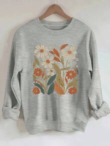 1pc BANGELY Women'S Floral Print Crew Neck Long Sleeve Sweatshirt, Cotton Blend Casual Pullover With Slight Stretch, All-Season Knit Fabric, Regular Length - 灰色 - 查看 2