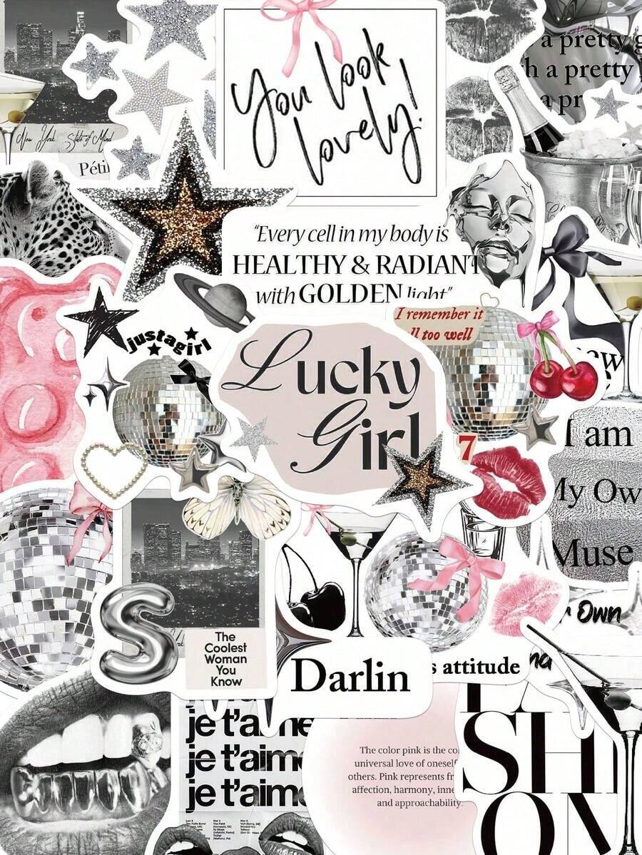 50pcs Silver Lucky Girl Stickers, Waterproof Cartoon Decorative Stickers Scrapbooking, Notebook, Laptop, Luggage, Guitar, Bottle, Phone, - 多色的 - 查看 1