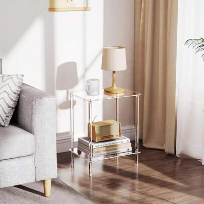 2-Tier Acrylic Transparent Side Table, Small Modern Nightstand, Home Decor Table, Shelf Side Table, Bathroom Vanity Table, Suitable For Office, Bedroom, Living Room, Study, Balcony, Bathroom