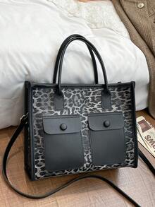 Große Handtasche mit Leopard Muster in Schwarz und Grau, mit zwei Taschen, Schulter- und Umhängegurt, hochwertige Damentasche geeignet für den täglichen Gebrauch, Einkaufen, Fotografie, auch ein tolles Geschenk für Ramadan und Eid Al-Adha - Verschiedenfarbig - Übersicht 2