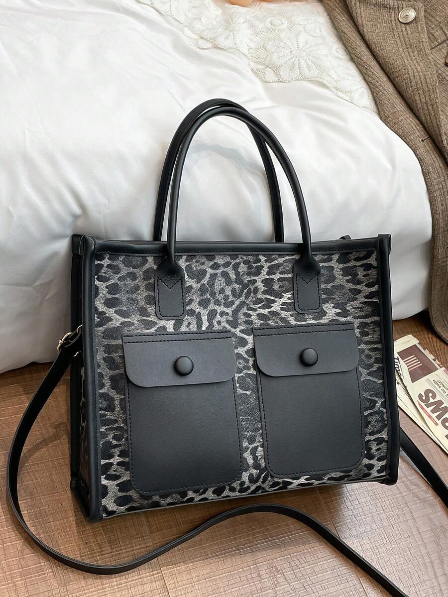 Große Handtasche mit Leopard Muster in Schwarz und Grau, mit zwei Taschen, Schulter- und Umhängegurt, hochwertige Damentasche geeignet für den täglichen Gebrauch, Einkaufen, Fotografie, auch ein tolles Geschenk für Ramadan und Eid Al-Adha