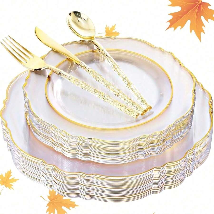 150PCS Clear Silver Plastic Plates & Disposable Silver Plastic Silverware With Glitter Bamboo Handle Cutlery-Baroque Clear Disposable Plates For Wedding & Easter Day & Mother's Day-TrugenixYSN1B - 金色 - 查看 1