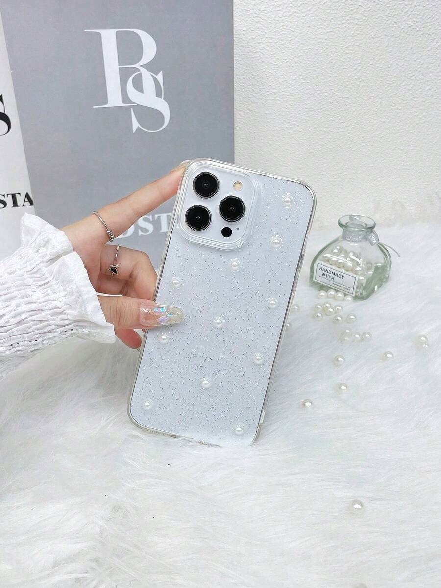 Ốp lưng điện thoại trong suốt có nhũ lỏng, tương thích với iPhone 17 Pro Max, 15, 13 - Thiết kế trái tim bạc và ngọc trai giả - Trong sáng - Xem 1