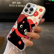 1pcs Black Cat with Red Hat and Flowers Phone Case Compatible with Apple Phone 17ProMax 16 15 14 13 12 11ProMax Pro Xs Max XS X 7plus 8plus Silicone,Shock Proof Vintage,Cartoon Style,Cute,Funny Can Be Given To Friends,Can Be Given To A Lover - Plateado - Ver 3