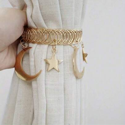 2pcs Islamic Crescent Moon Zinc Alloy Curtain Tiebacks, Ramadan/Eid/Eid Al-Adha Holiday Decor, Durable Anti-Rust Curtain Clips, Easy Installation, Ramadan Home Decor, Suitable For Living Room/Bedroom/Eid Gathering, Starry Design Islamic Curtain Accessories