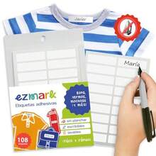 Etiquetas para ropa sin planchar adhesivas escribibles lavables aptas para lavadora 108 etiquetas blancas 1.2 x 4.5 cm ideales para escuela guarderia y campamento ezmark - Blanco - Ver 1