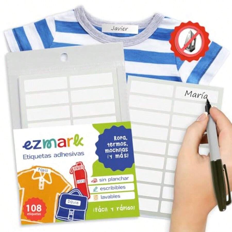 Etiquetas para ropa sin planchar adhesivas escribibles lavables aptas para lavadora 108 etiquetas blancas 1.2 x 4.5 cm ideales para escuela guarderia y campamento ezmark - Blanco - Ver 1
