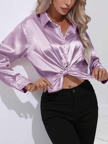 Silky Satin Feel Women's Shirt, Breathable Soft Blouse For A Luxury Comfort Experience - Màu tím  Violet - Xem 3