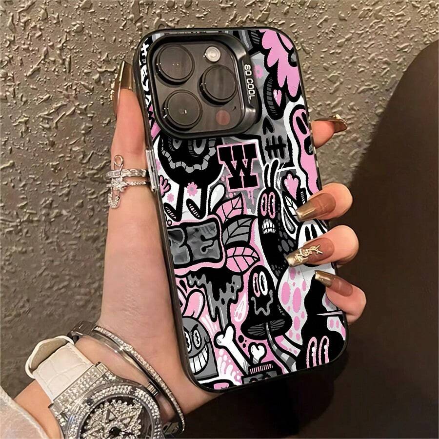 1pcs Funky Cartoon Graffiti Phone Case Compatible with Apple Phone 17ProMax 16 15 14 13 12 11ProMax Pro Xs Max XS X 7plus 8plus Silicone Shock Proof Vintage Quirky Cute Funny You Can Give It To Yourself Can Be Given To Friends - Negro - Ver 1
