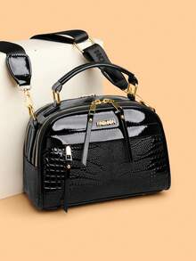 Women's Solid Color PU Adjustable Shoulder Strap Shoulder Diagonal Crossbody Bag, Crocodile Embossed Fashion Large Capacity Handbag - Black - View 10