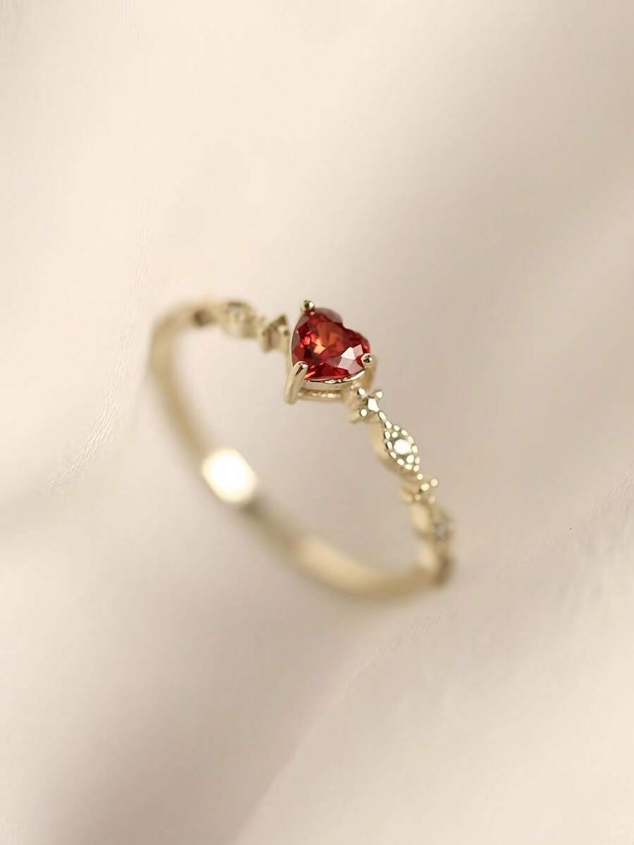 1pc Elegant Red Heart Adjustable Open Ring, Suitable For Women's Daily, Festival, And Party Wear