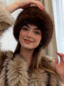 1pc Women's Fuzzy Knit Hat, Autumn/Winter Warm Trapper Hat, Faux Fur Lined Thick Bucket Hat - Brown - View 1