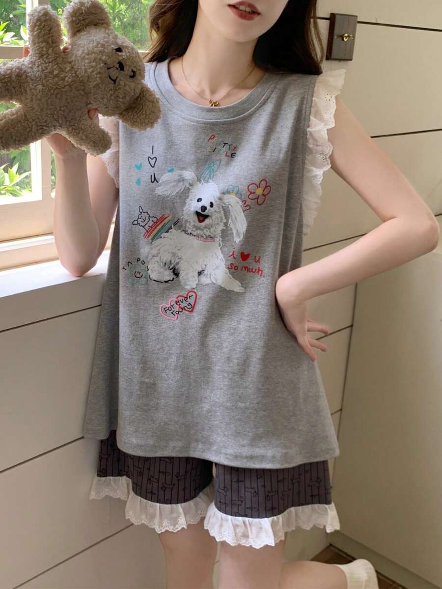 Bộ đồ ngủ nữ 2 món, áo in hình cún con dễ thương và chữ tiếng Anh, quần short in hình cún con khắp nơi, thích hợp cho mặc thường ngày mùa xuân/hè. - Màu Xám nhạt - Xem 1