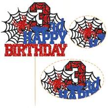 Ephlyn 1Pcs Happy 3rd Birthday Cake Topper Glitter Spider Themed Happy Third Birthday Cake Decor For Men Boy Three Years Birthday Party Supplies - 3 - 查看 3