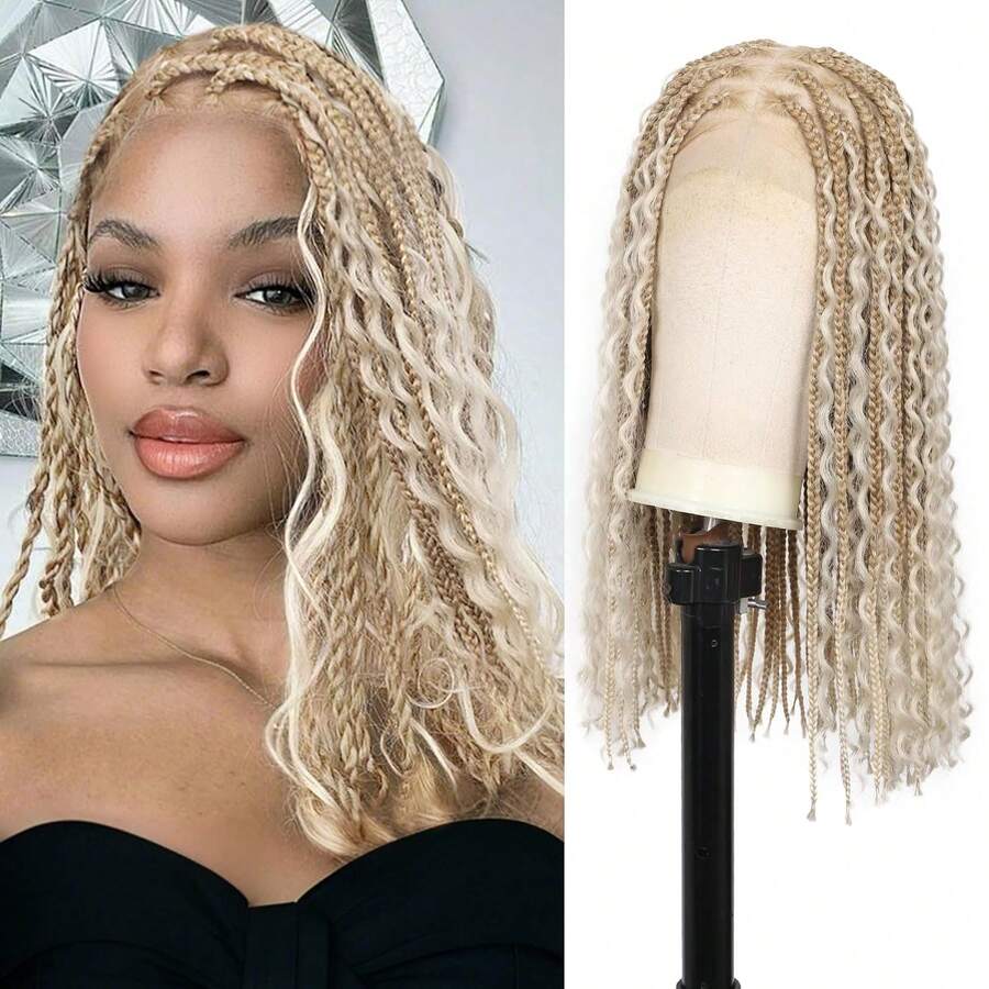 18" 360° HD Full Lace Short Knotless Boho Braided Wigs For Women Bob Box Braid Wig With Hair Premium Synthetic Braided Lace Front Wigs Blonde,38058821 - 彩色 - 查看 1