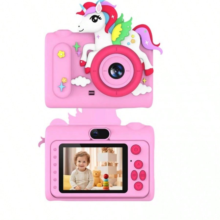 Camara Digital para Niños Funda Silicona Unicornio Rosa Doble Lente y Pantalla HD