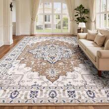 10x14 Area Rug Living Room, Vintage Washable Area Rug Non Slip Backing Low Pile, Floral Soft Foldable Carpet For Bedroom Dining Room, Brown/Beige - Nâu/Beige + 10' x 14' (Hình chữ nhật) - Xem 10