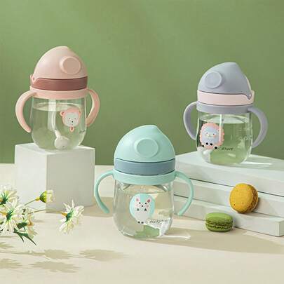1 pieza Vaso de agua para niños, vaso con pajita y asa para beber agua en verano para bebés, taza de aprendizaje para infantes, diseño de patrón de animales de dibujos animados, rosa/azul, 250ml, bola de gravedad, taza de plástico de material PC, regalo de vuelta a la escuela