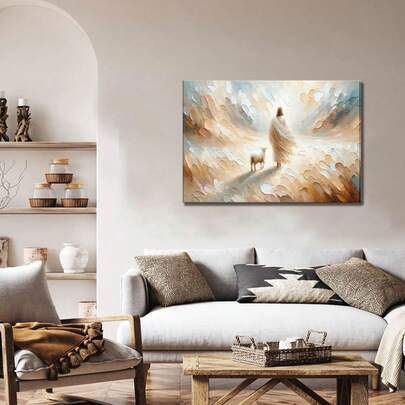 1幅无框帆布海报，宗教艺术，上帝离开九十九只羊，上帝与迷失的羊在一起，卧室、客厅、走廊的理想礼物，墙面艺术，墙面装饰，冬季装饰，房间装饰，复古海报家居装饰海报，卧室装饰，办公室装饰，家居油画和壁画艺术装饰，浴室装饰。