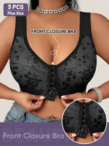 MEIYATING 3pcs/Set Women's Plus Size Front Closure Bras, Full Coverage, Soft & Breathable - Multicolor - View 6
